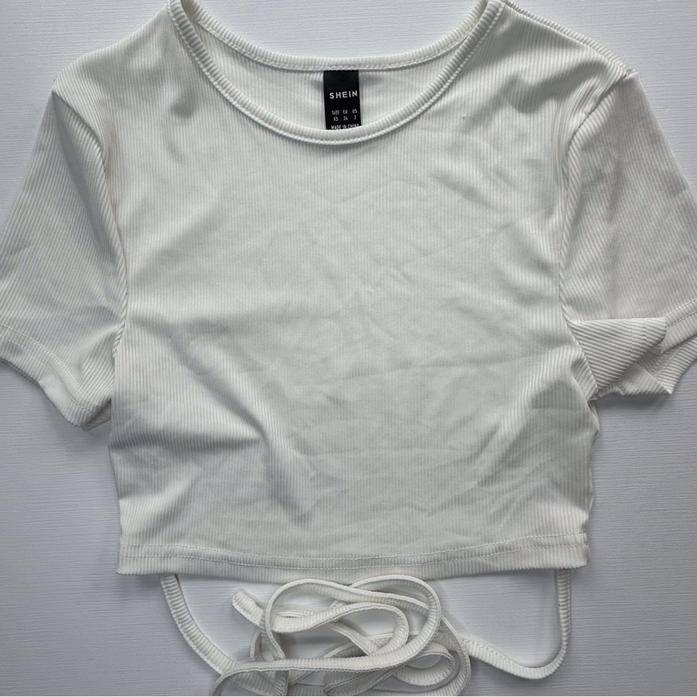 SHEIN ribbed white short‎ sleeve crop top w/ waist ties women’s XS - Picture 2 of 9